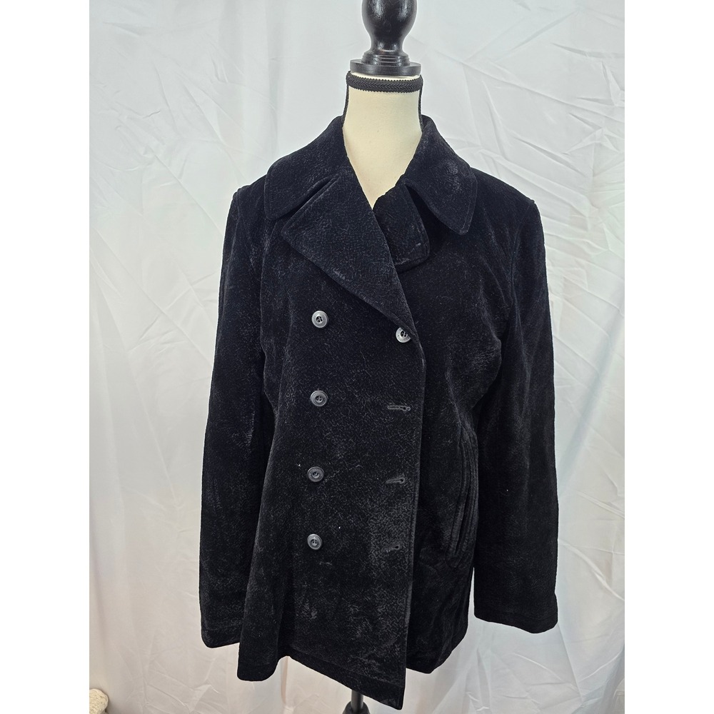 Kenneth Cole Reaction Women Black Crushed Velvet Pea Coat Double Breasted Medium